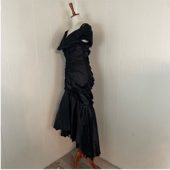 Vintage 70s 80s Trumpet Dress Women’s M V-Neck Ruched Midi Fitted - Picture 8 of 13